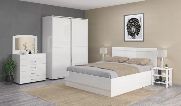 Camera da letto completa 160x200 con comò e specchio effetto laccato bianco  lucido CMG44