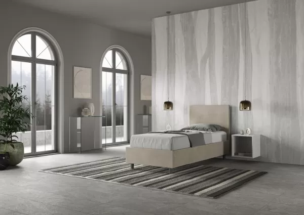 Letto 90x200cm contenitore con testiera liscia in microfibra sabbia beige  LIT102